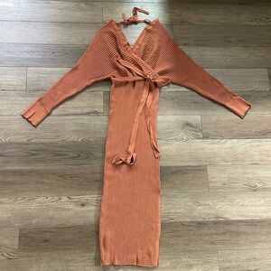 Pink lily rust dolman sleeve fitted sweater dress